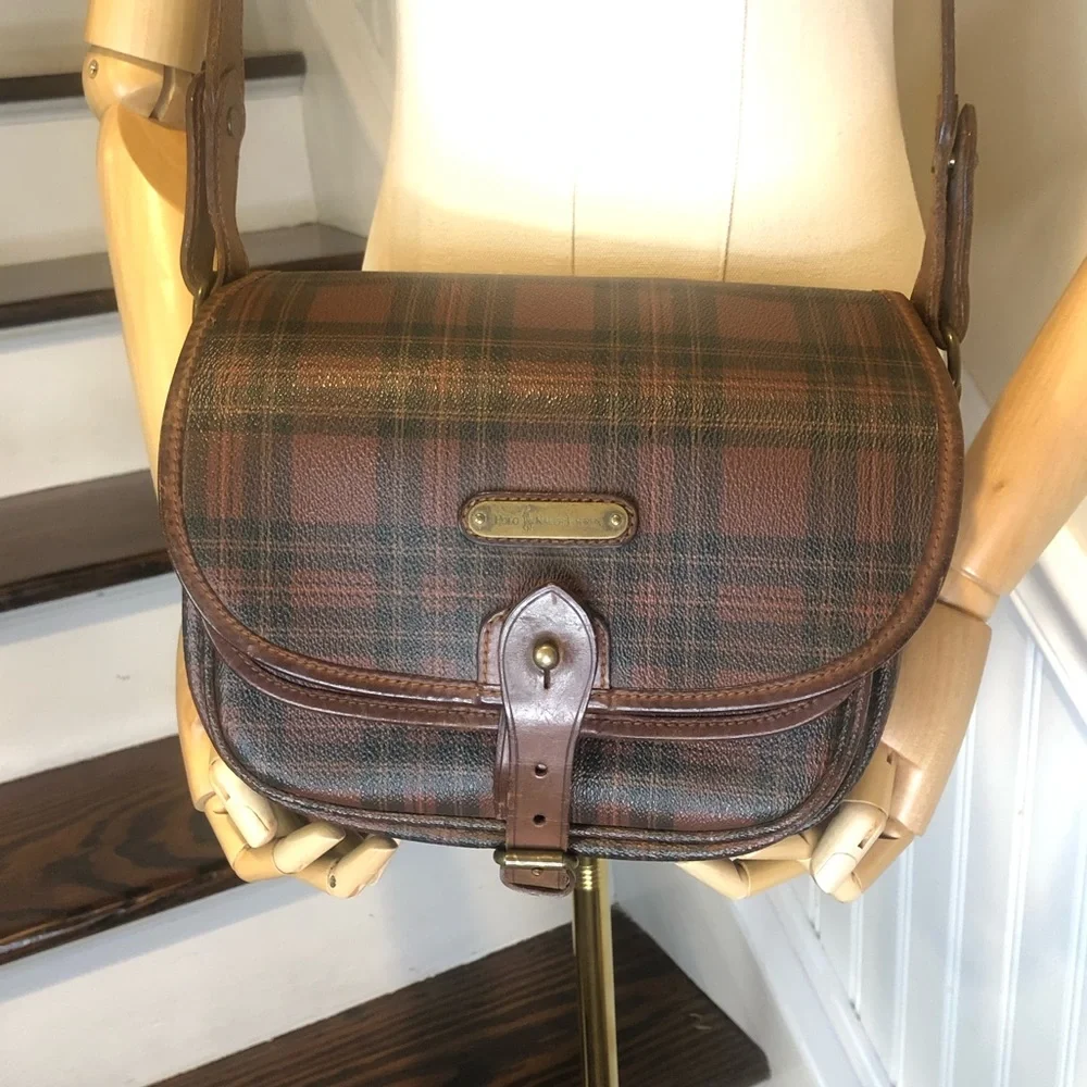 RALPH LAUREN Brown Tartan Plaid Multi Pocket Crossbody Messenger Saddle Bag